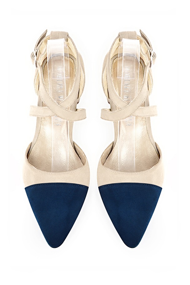 Navy blue and champagne beige women's open side shoes, with crossed straps. Tapered toe. Low flare heels. Top view - Florence KOOIJMAN